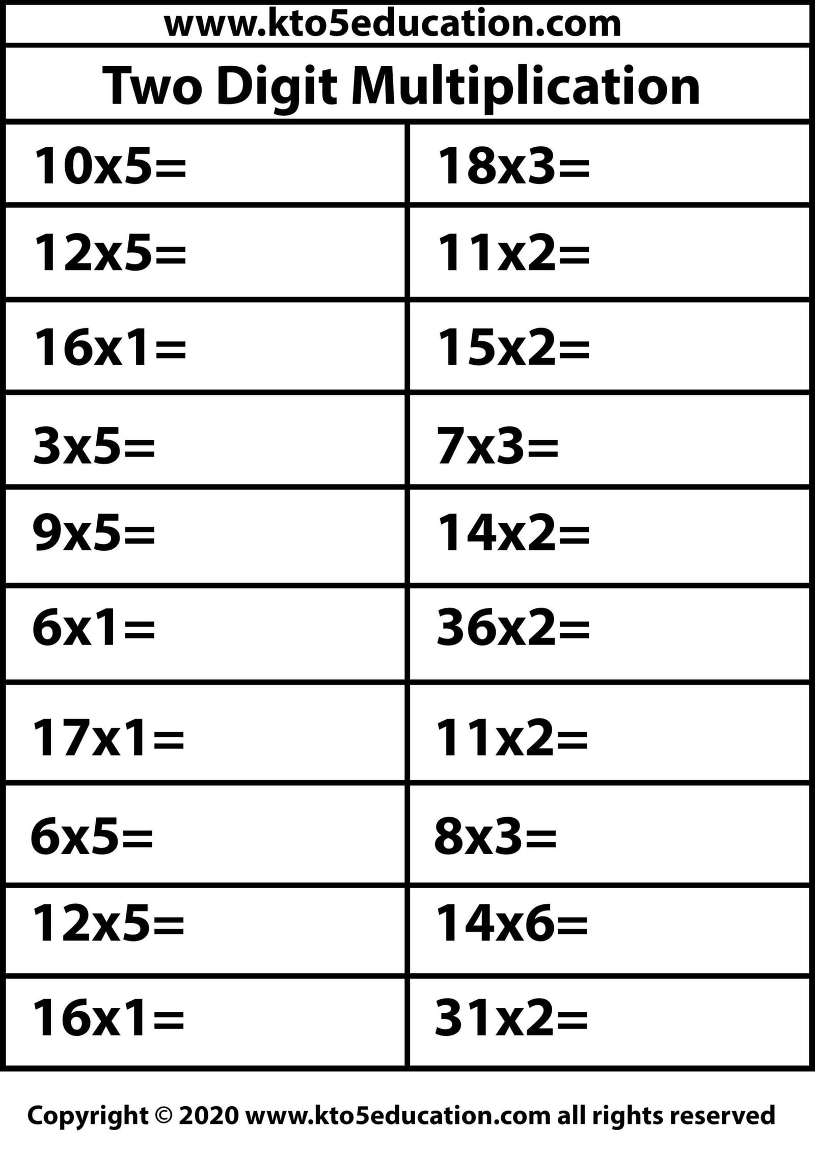Two Digit Multiplication Worksheet 1