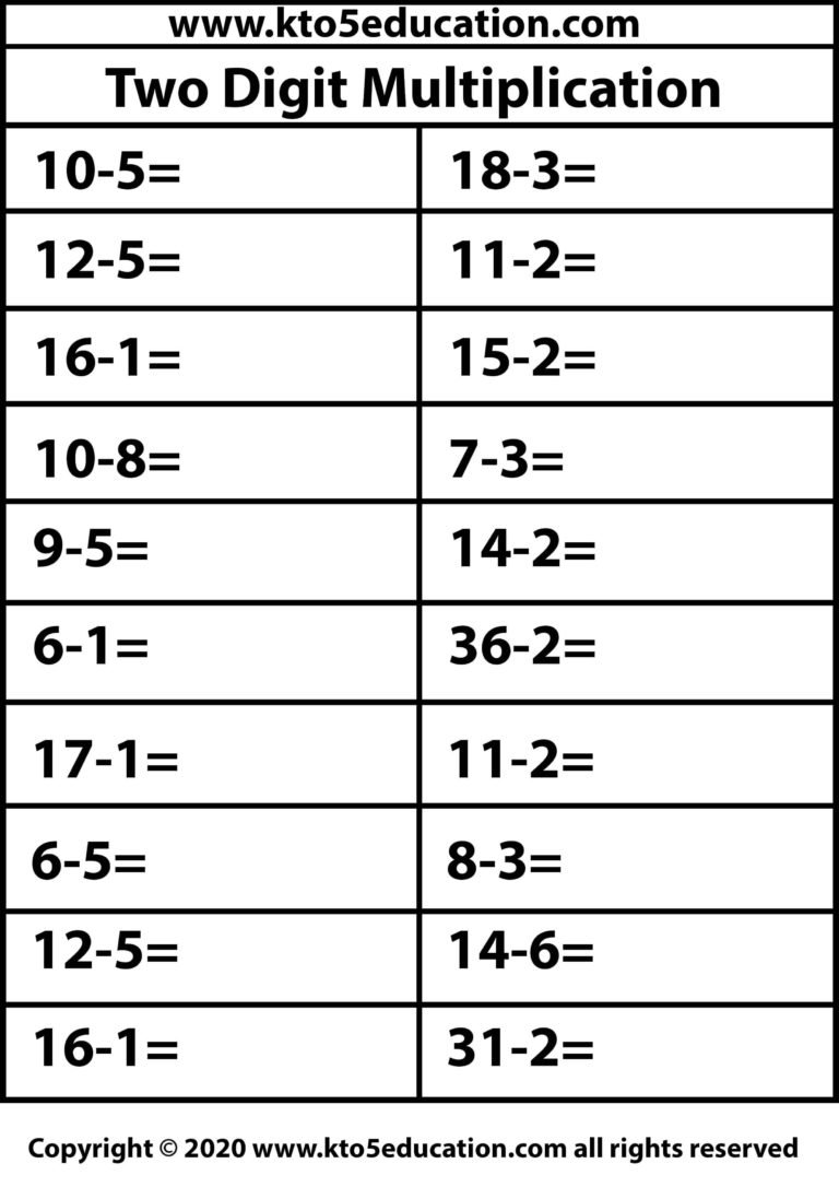 Two Digit Subtraction Worksheet 1