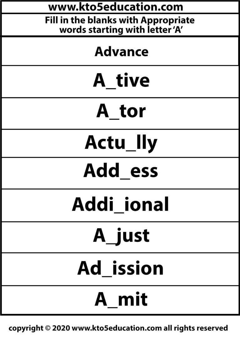 Fill in the Blanks With Appropriate Words Starting with Letter A Worksheets