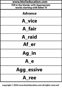 Fill in the Blanks With Appropriate Words Starting with Letter A Worksheets 2