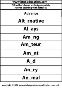 Fill in the Blanks With Appropriate Words Starting with Letter A Worksheets 3