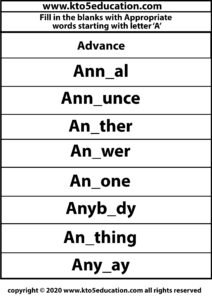 Fill in the Blanks With Appropriate Words Starting with Letter A Worksheets 4