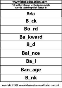 Fill in the Blanks With Appropriate Words Starting with Latter B Worksheets