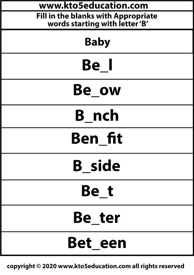 Fill in the Blanks With Appropriate Word Starting with Latter B Worksheets 3