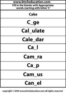 Fill in the Blanks With Appropriate Words Starting with Latter C Worksheets. In this Worksheet
