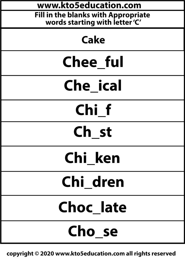 Fill in the Blanks With Appropriate Word Starting with Latter C Worksheets 4