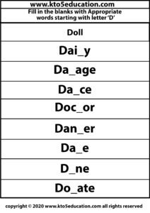 Fill in the Blanks With Appropriate Words Starting with Latter D Worksheets