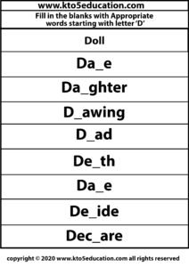 Fill in the Blanks With Appropriate Word Starting with Latter D Worksheets 2