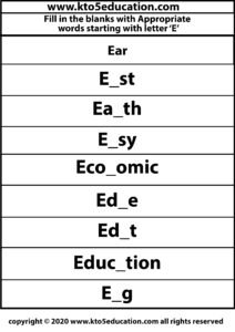 Fill in the Blanks With Appropriate Words Starting with Latter E Worksheets