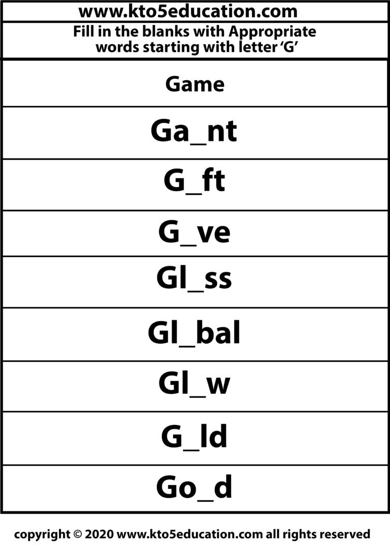 Fill in the Blanks With Appropriate Words Starting with Latter G Worksheets