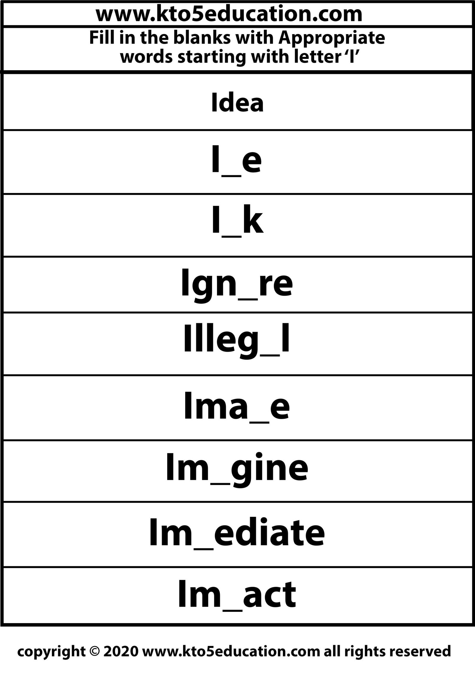 Fill in the Blanks With Appropriate Words Starting with Latter I Worksheets