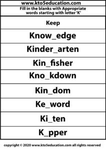 Fill in the Blanks With Appropriate Words Starting with Latter K Worksheets