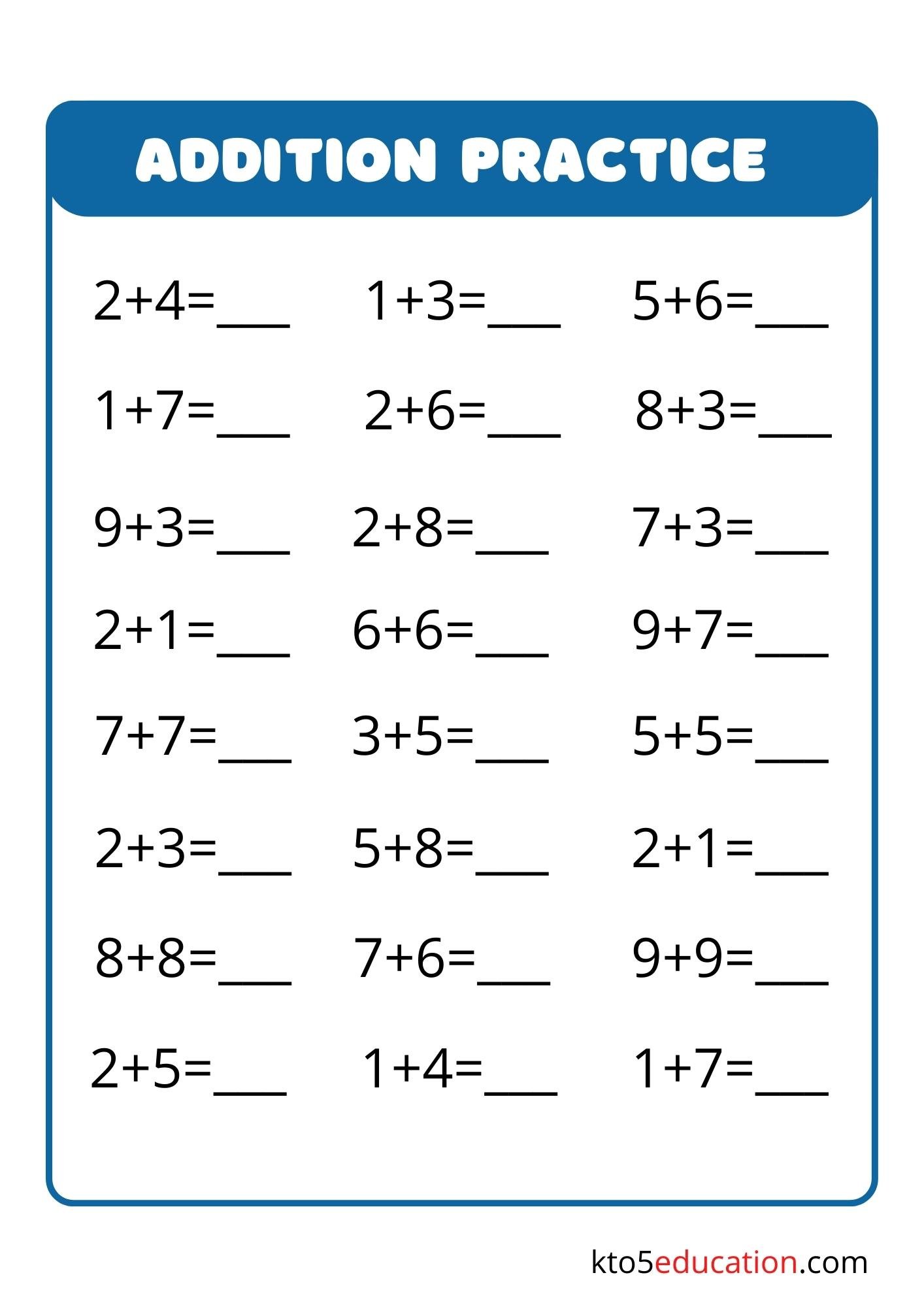 Addition Math Facts Practice Worksheets