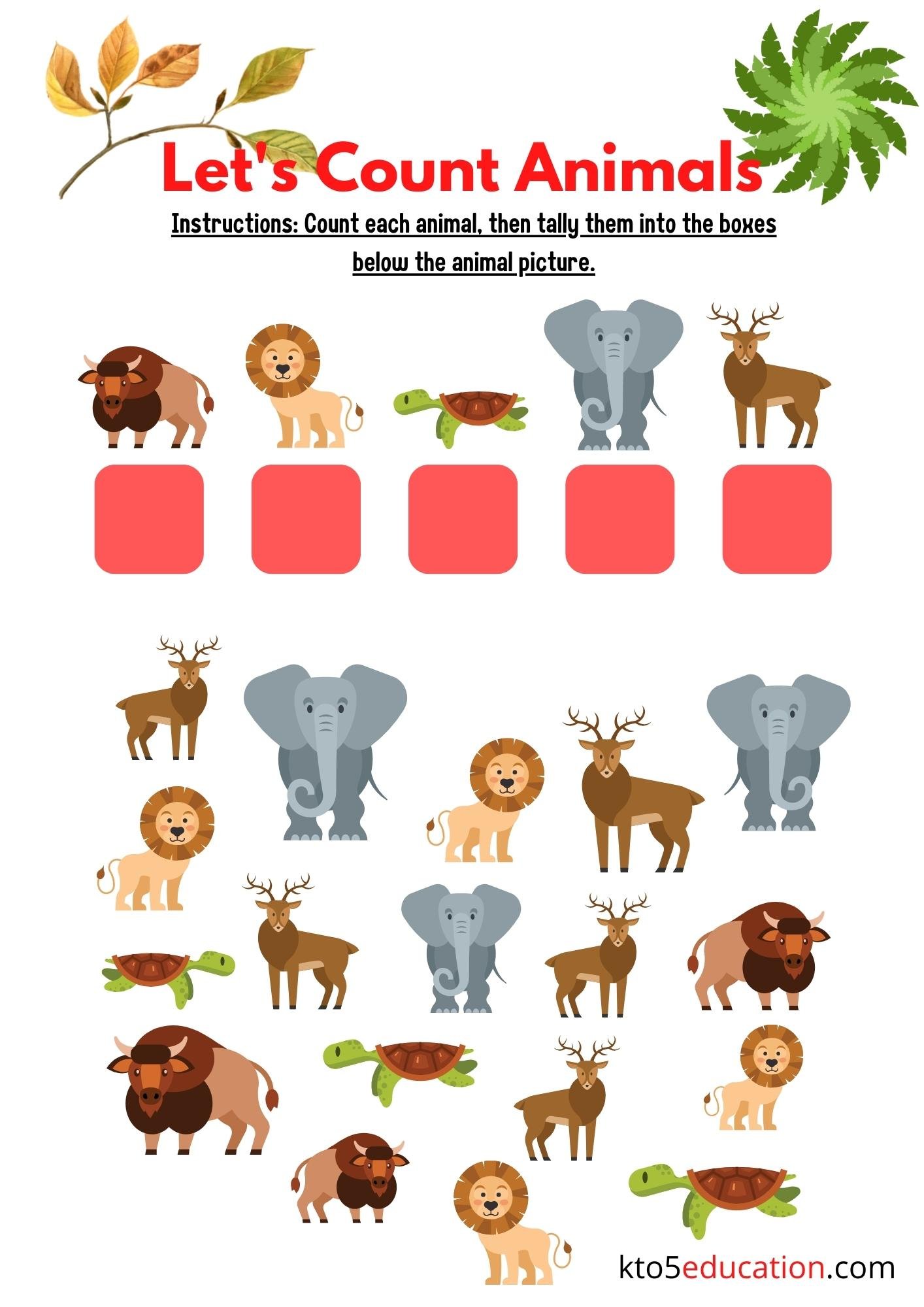 Free Animals Counting Worksheet Practice - Kto5Education