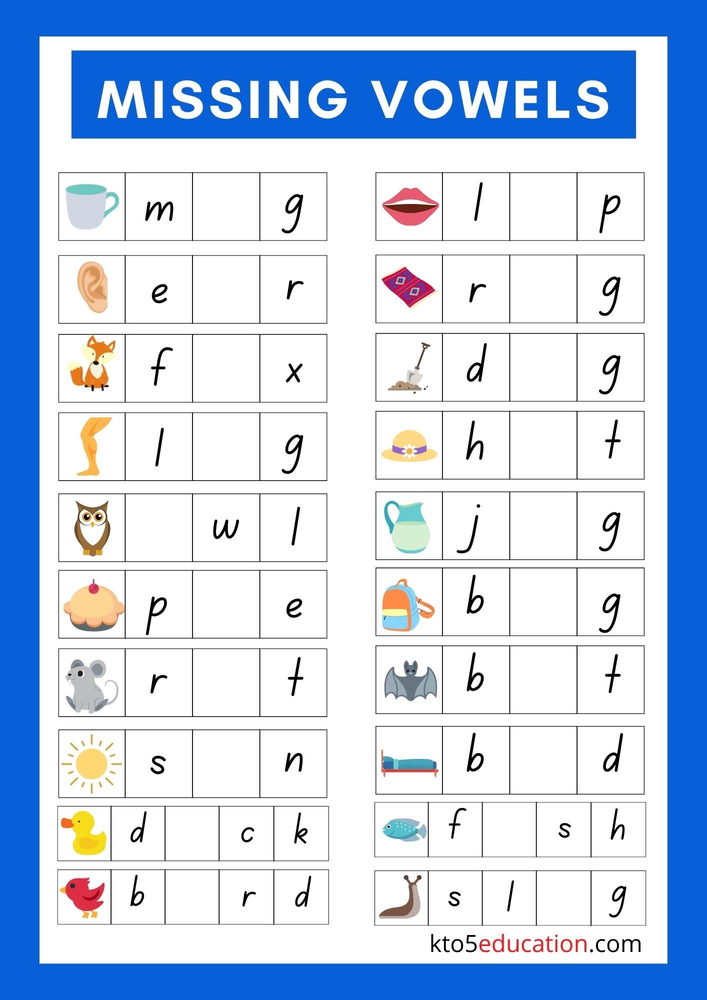 Fill In The Missing Vowels Worksheets