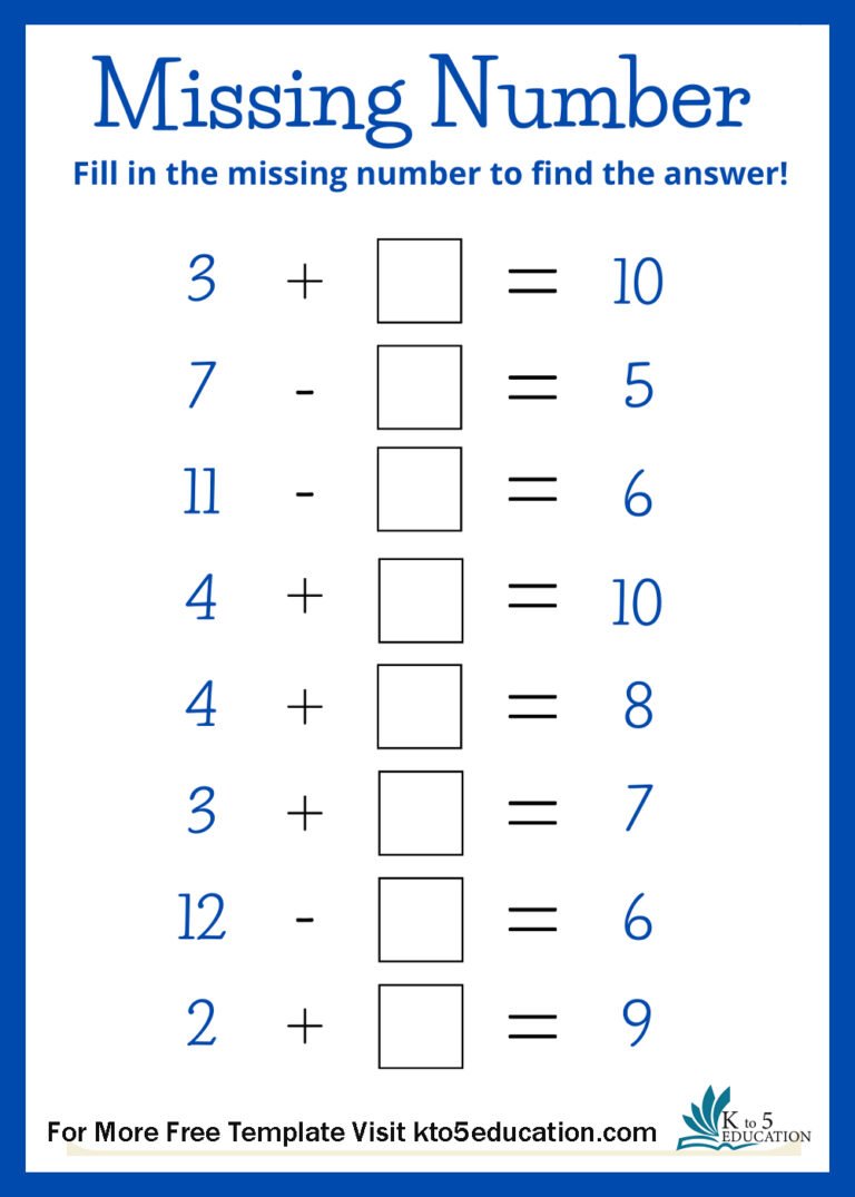 Free Missing Number worksheet