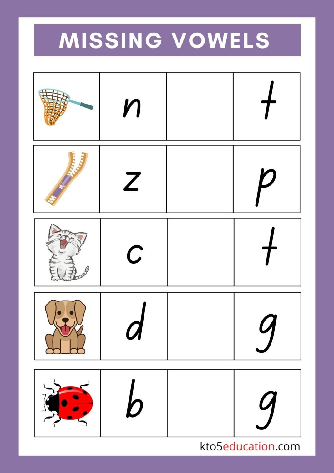 Free Missing Vowels Worksheets For Kindergarten