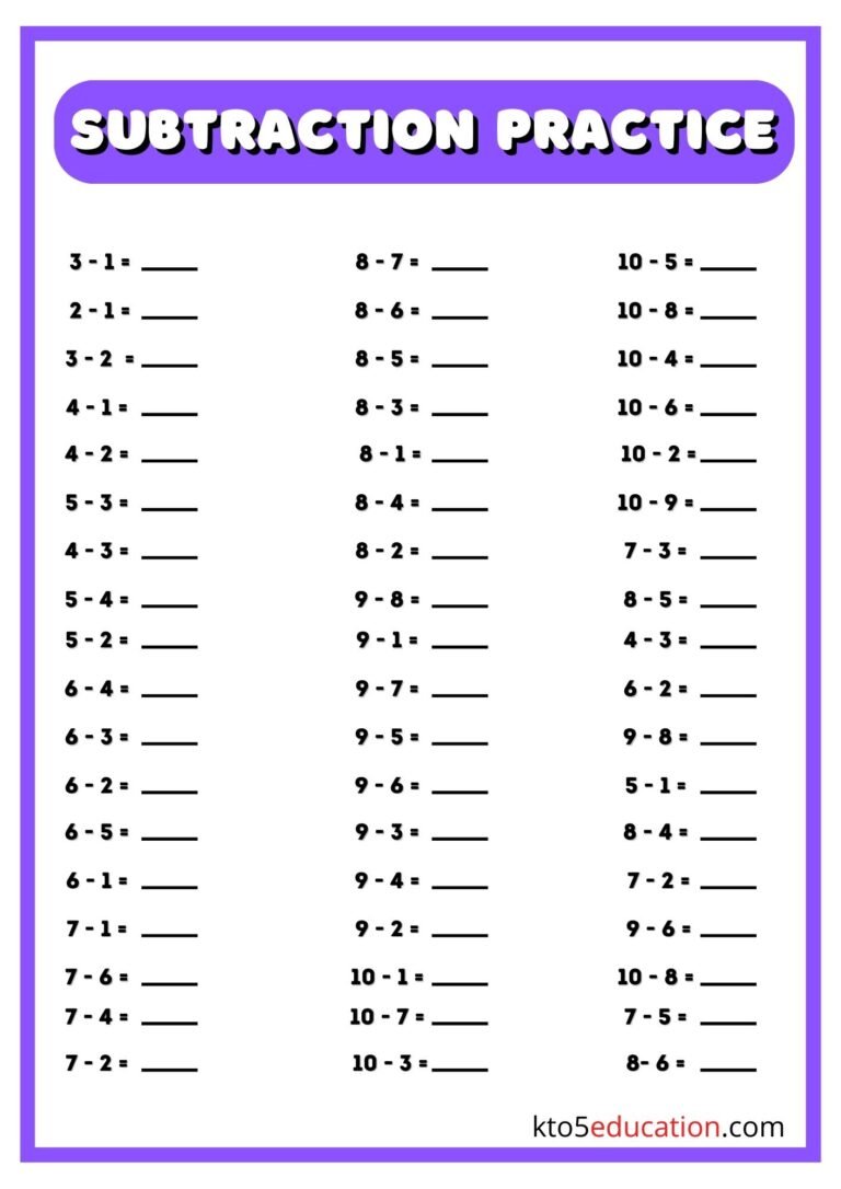 Worksheets Subtraction