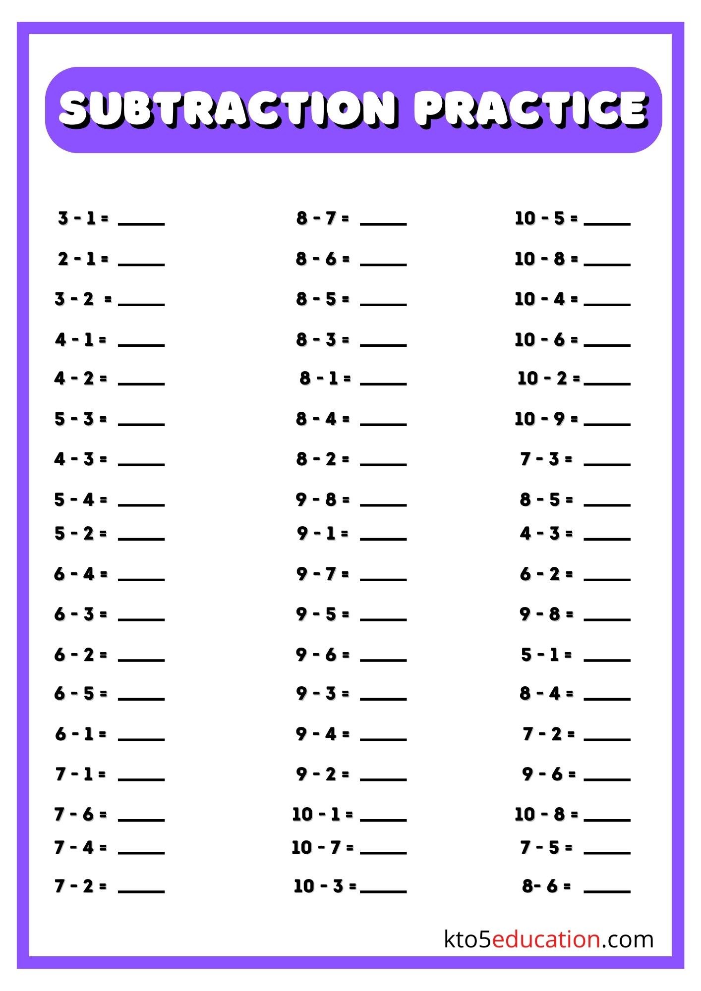Free Worksheets Subtraction Kto5education 6829
