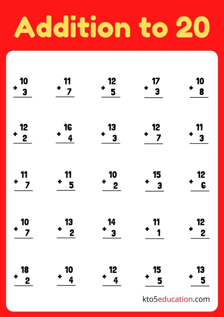 Addition To 20 Worksheets PDF