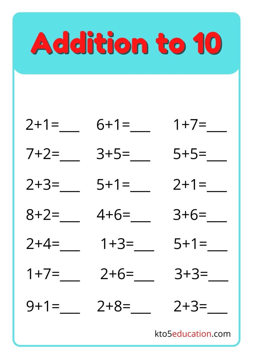 Addition Up To 10 Worksheets Kto5Education