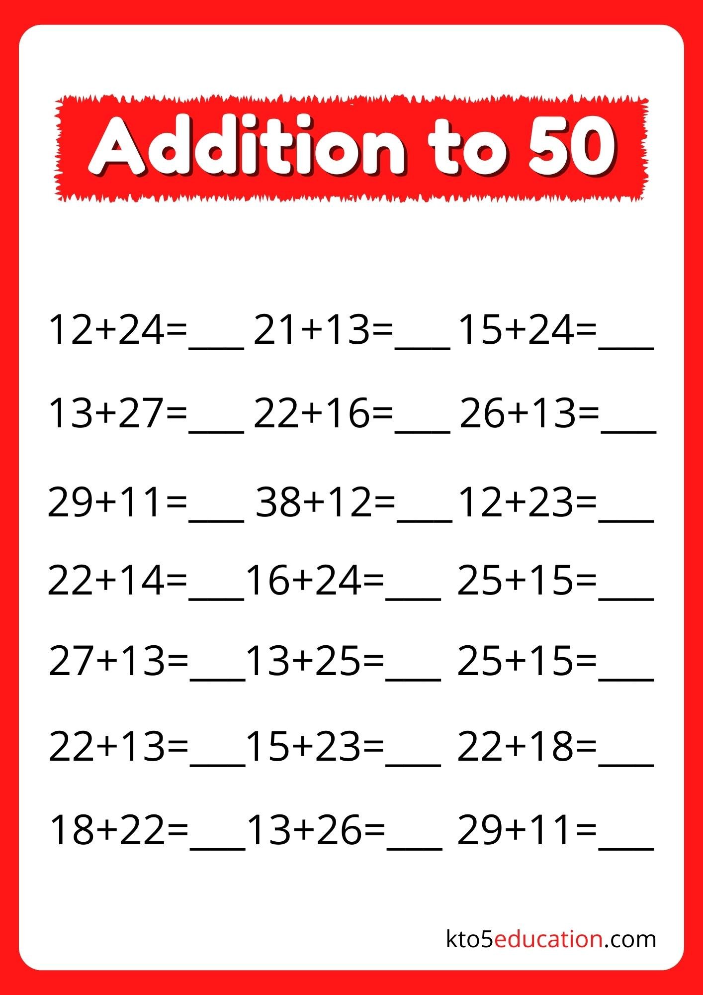 Addition Up To 50 Worksheets