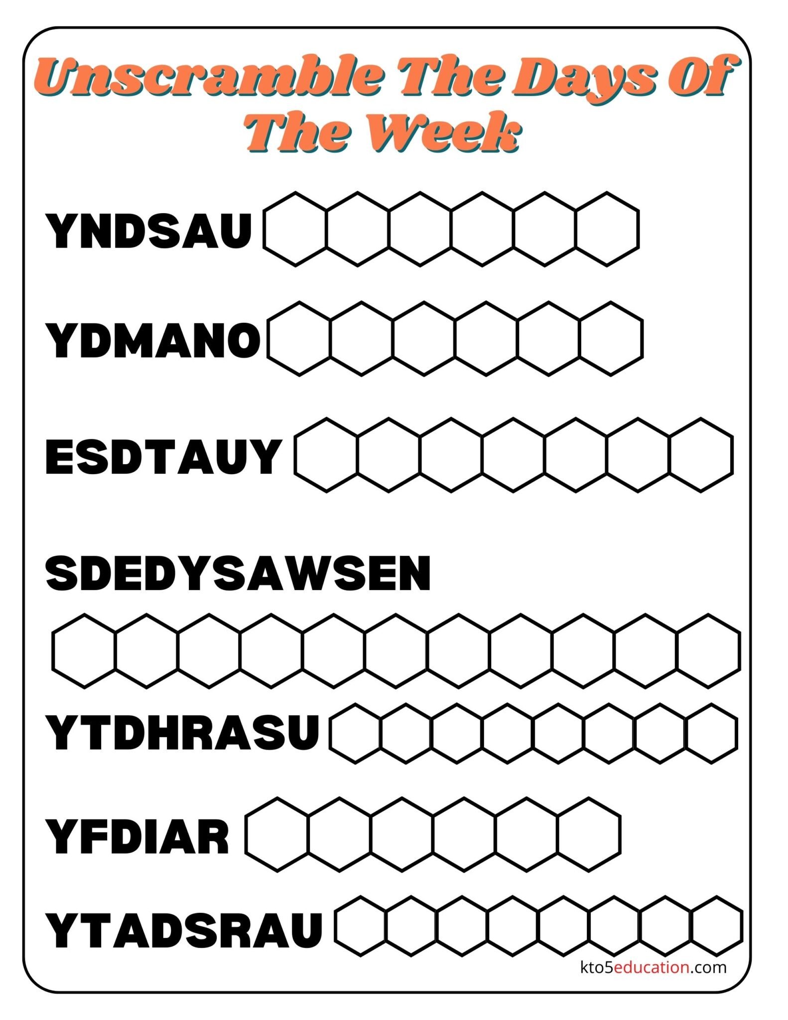 Days Of The Week Spelling List