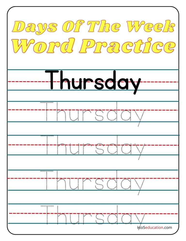 Free Days Of The Week Thursday Word Practice Worksheet 