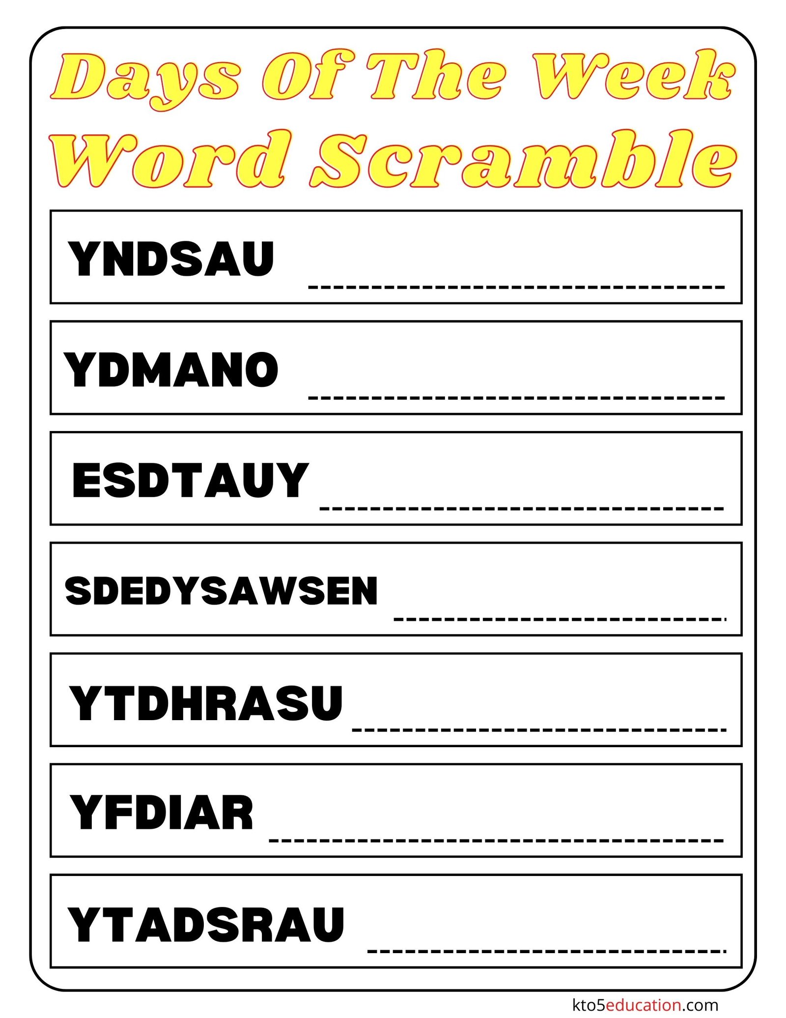 Days Of The Week Word Scramble Worksheet