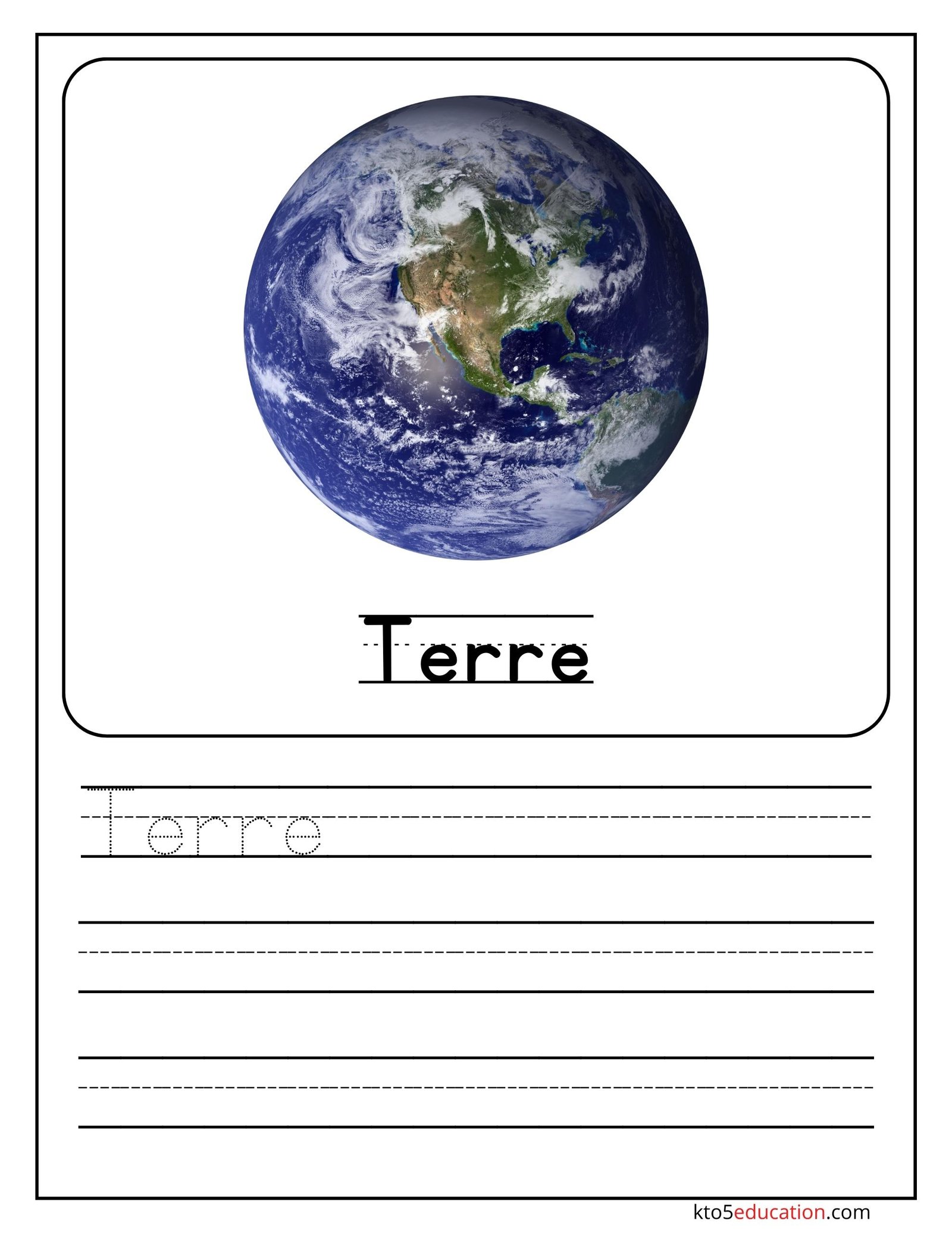 Earth Planet Name Practice in French Language Worksheet