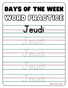 French Days Of The Week Thursday Worksheet