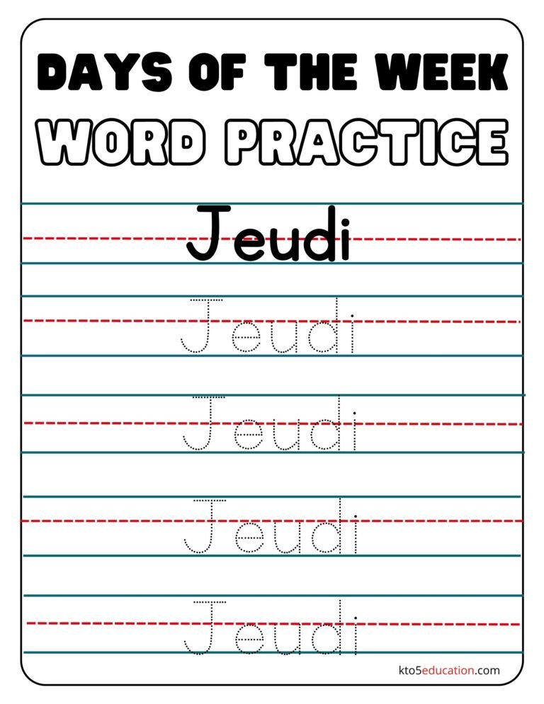 French Days Of The Week Thursday Worksheet