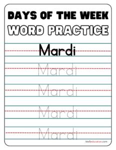 French Days Of The Week Tuesday Worksheet