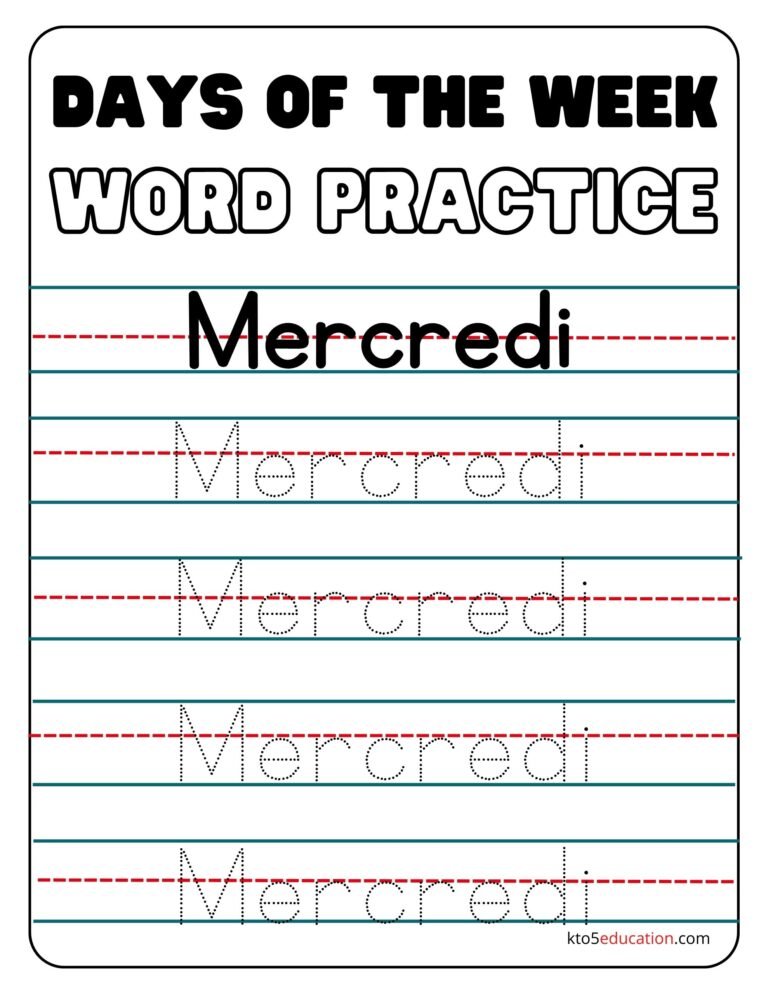 Free French Days Of The Week Wednesday Worksheet