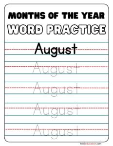 Months Of the year August Word Practice Worksheet