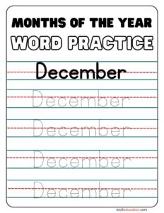 Months Of the year December Word Practice Worksheet