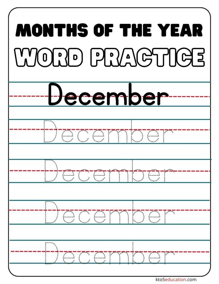 Free Months Of the year December Word Practice Worksheet