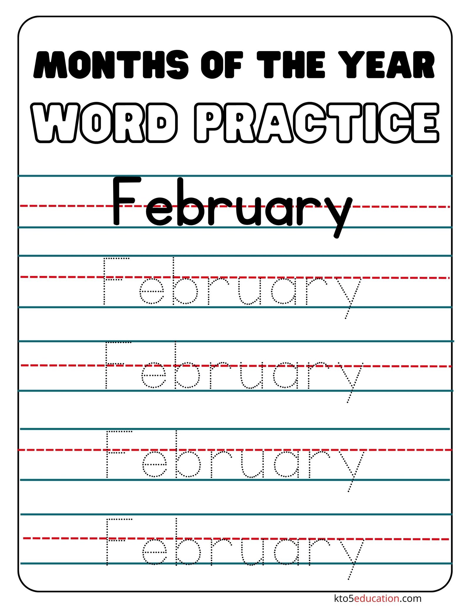 Months Of the year February Word Practice Worksheet