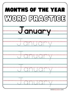 Months Of the year January Word Practice Worksheet