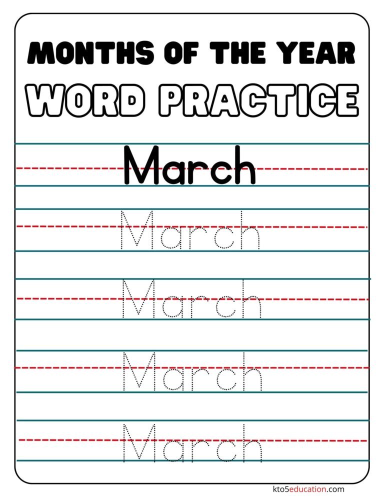 Free Months Of the year March Word Practice Worksheet