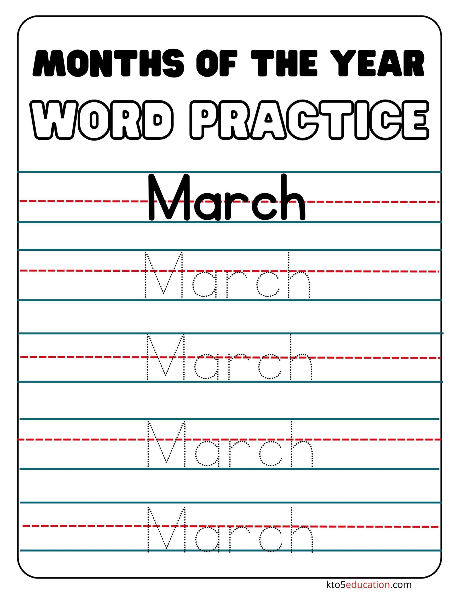 Months Of the year March Word Practice Worksheet