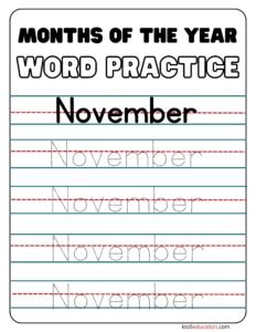 Months Of the year November Word Practice Worksheet