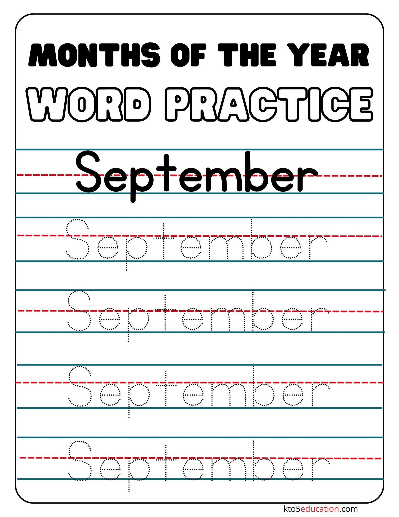 Months Of the year September Word Practice Worksheet