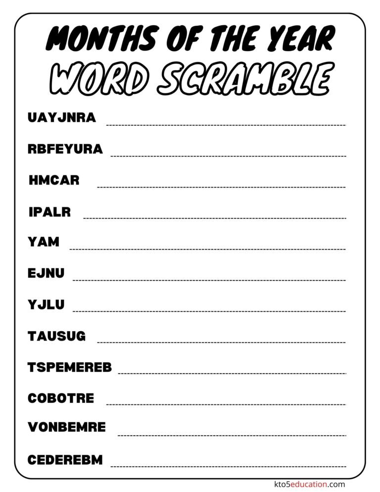 Free Months Of the year Word Scramble Worksheet