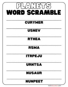 Planets Word Scramble Worksheet
