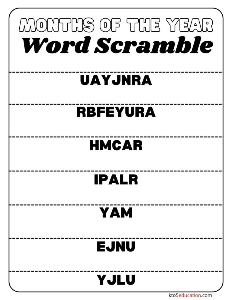 Free Word Scramble January to July Worksheet