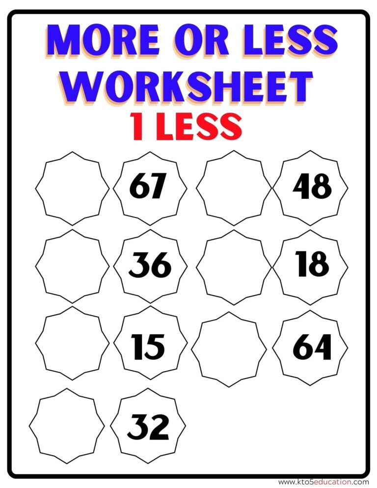 1 Less Worksheet | FREE Download