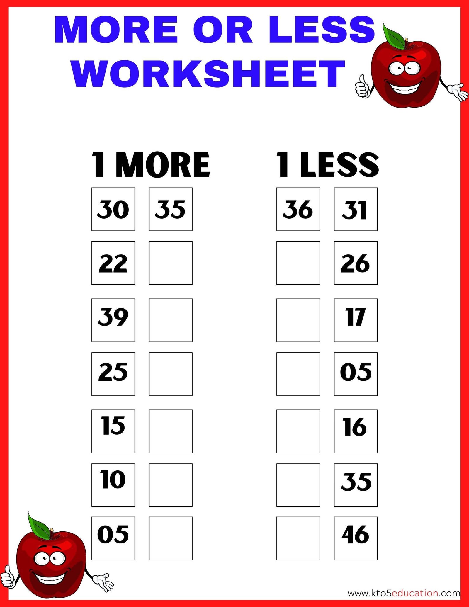 1 More Or Less Worksheet