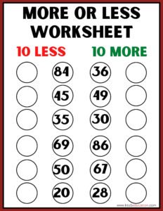 10 Less And 10 More Worksheets Kindargarden
