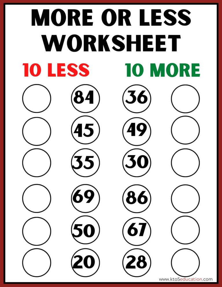 10 Less And 10 More Worksheets Kindargarden | FREE Download